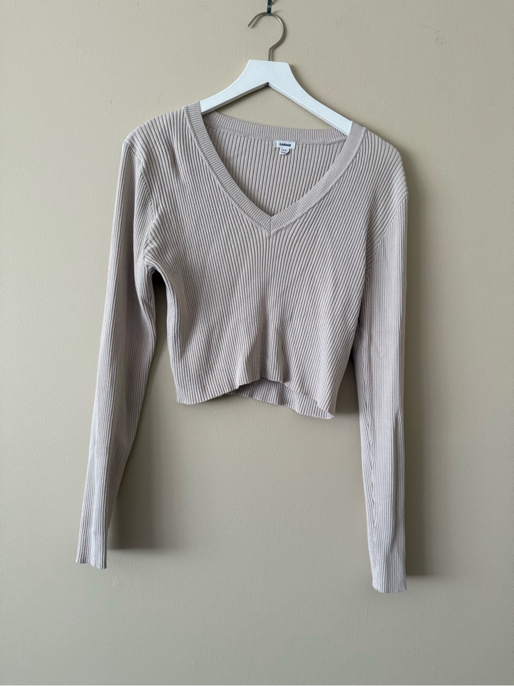 Garage Beige Ribbed Knit V-Neck Cropped Long Sleeve Pullover Sweater XL